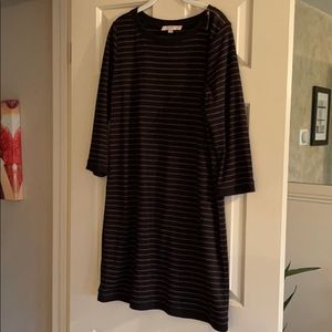 3/4 Length Sleeves Black Stripe Loft Sweater Dress Size Large w/Zipper Shoulder